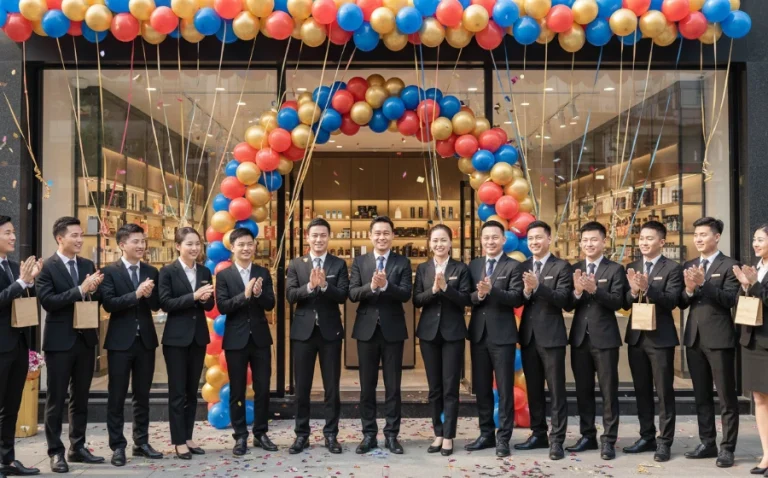 新店開張情境圖,老闆與員工在吉日熱鬧開工,氣氛歡樂喜慶