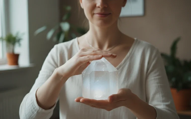 一位正在冥想,手持溫和水晶的女性,背景柔和的光線營造出平靜氛圍