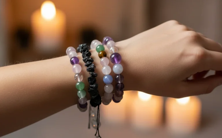 一位手腕上佩戴著不同水晶手鍊的女性,背景為柔和的光線和模糊的水晶擺件,營造出寧靜且充滿能量的氛圍。