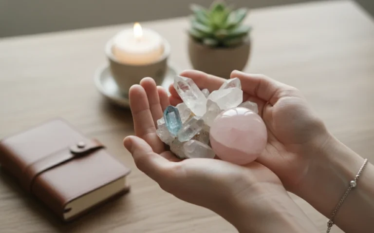 首次佩戴水晶前,雙手輕柔握著一顆淨化後的水晶,周圍散發柔和光芒。