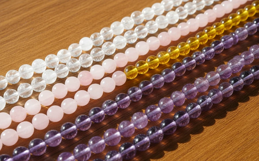 多款兒童水晶手鍊展示,凸顯不同水晶的顏色與特性