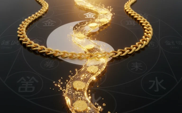 戴金項鍊招財的風水原理圖解，展示金生水的五行循環