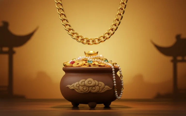 精緻黃金項鍊放在聚寶盆旁，象徵招財進寶