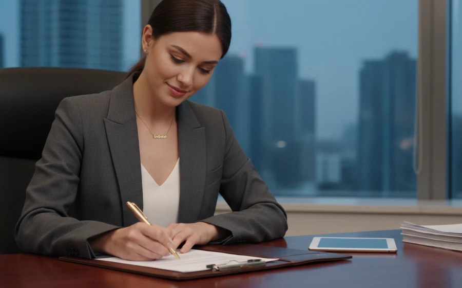 商業人士佩戴簡約金項鍊簽署合約