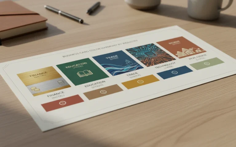 五行行業名片配色對照圖，展示金木水火土各行業適合的底色與文字顏色搭配