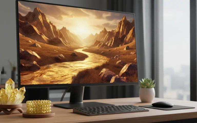 電腦招財桌布風水示意圖，展示金色與山水意象的桌面