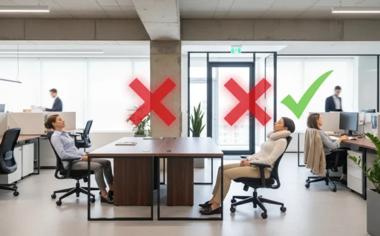 辦公室午休風水禁忌示意圖，顯示壓樑與對門的座位