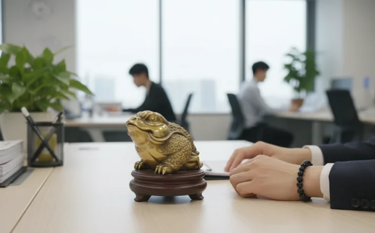 辦公室防小人風水佈局示意圖，展示黑曜石手鍊與金蟾擺件