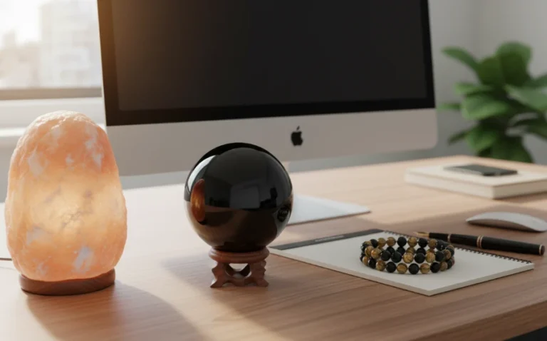 辦公室避邪小物組合：黑曜石手鍊、鹽燈與紫晶鎮擺放在辦公桌上