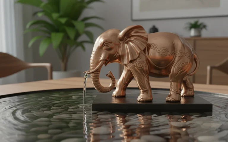 銅製招財大象擺飾，象鼻向下吸水造型