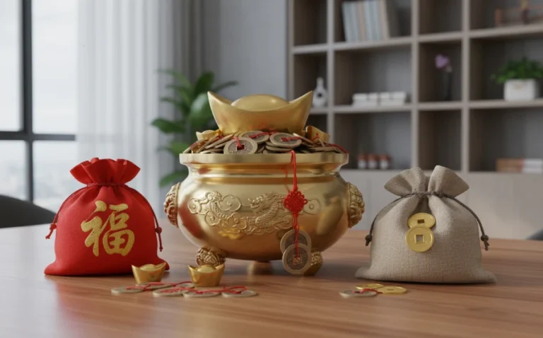 黃銅聚寶盆擺件，表面刻有招財進寶字樣，開口寬闊適合放置於玄關招財。