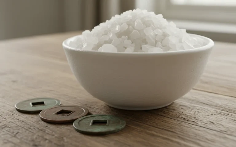 陶瓷碗中裝滿潔白粗鹽，放置於木質桌面上，背景為柔和居家光線