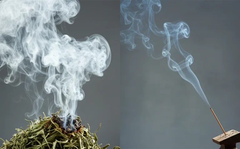 燃燒中的艾草條與沉香線香對比圖，背景為禪意居家空間