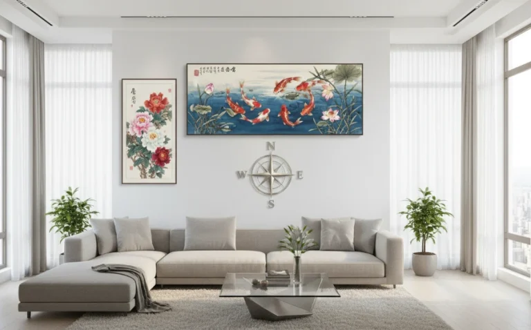 九魚圖風水掛畫示意圖，展示九條錦鯉在水中游動，掛於客廳北方牆面